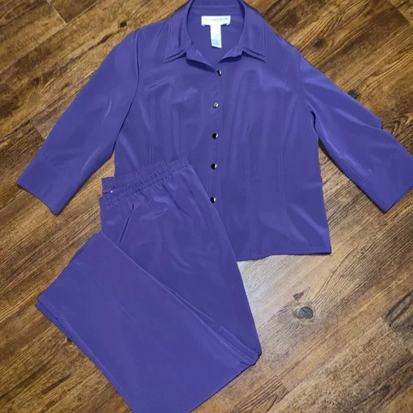 Sag Harbor Two Piece Vintage Set Purple Button Down Blouse and Pants Size 14 - Picture 7 of 12
